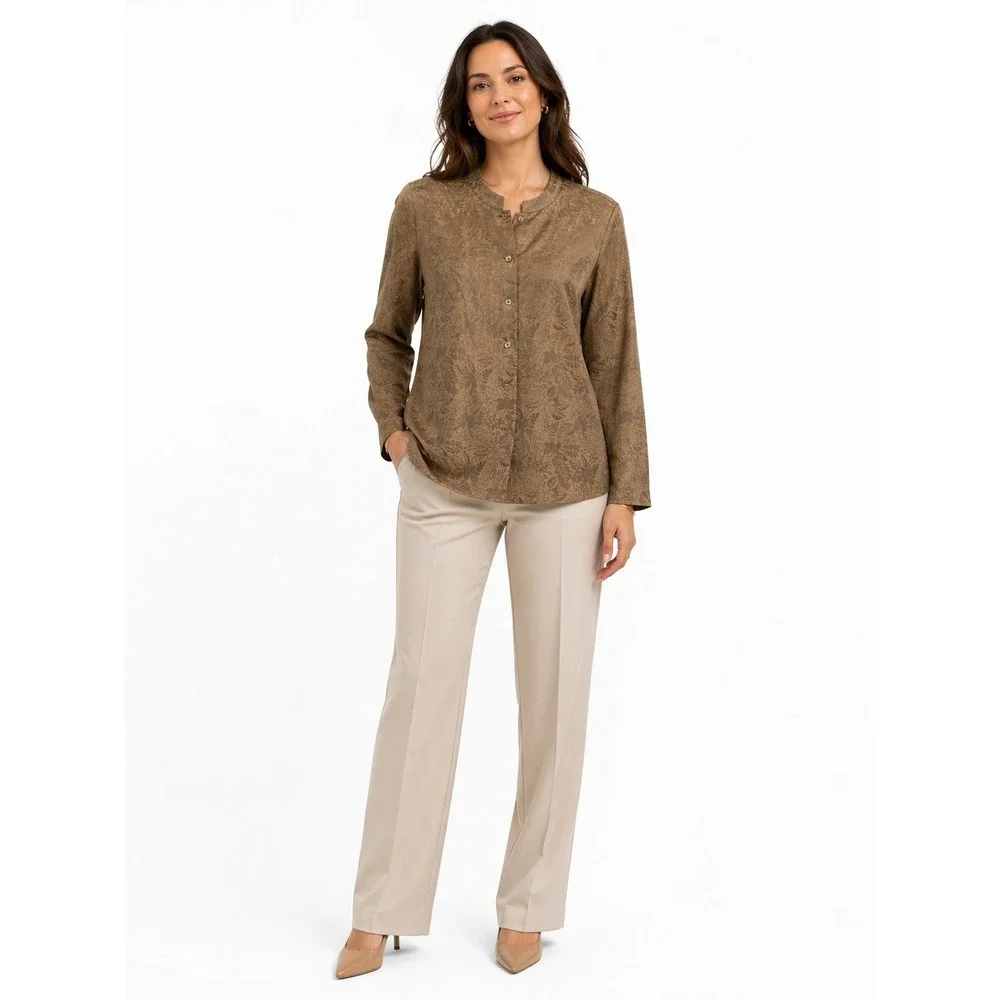 Laura Ashley Silk Linen Floral Jacquard Blouse Bronze Mandarin Collar Size M - Picture 2 of 6